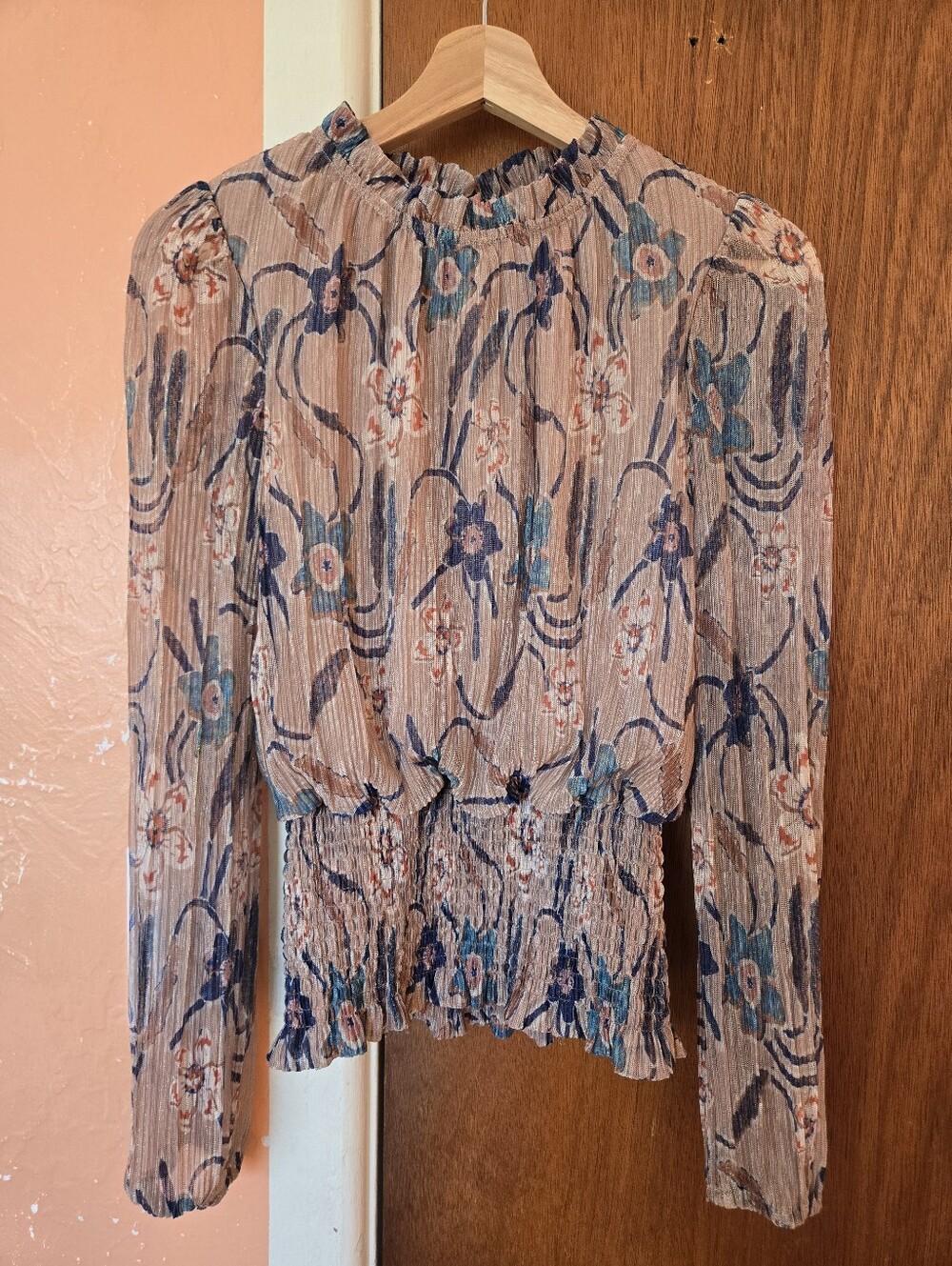 Joie Metalic Pleated Floral Blouse in Tan and Blue With Lurex Size S